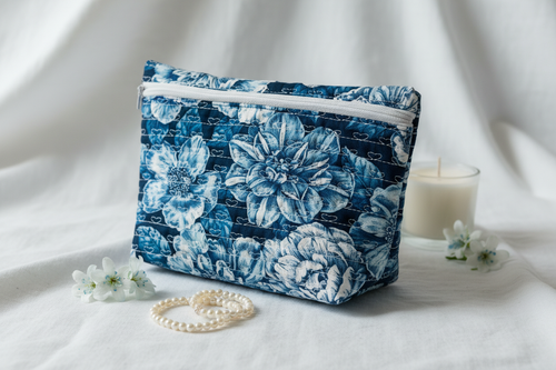 Blue Floral Zippered Cosmetic Clutch