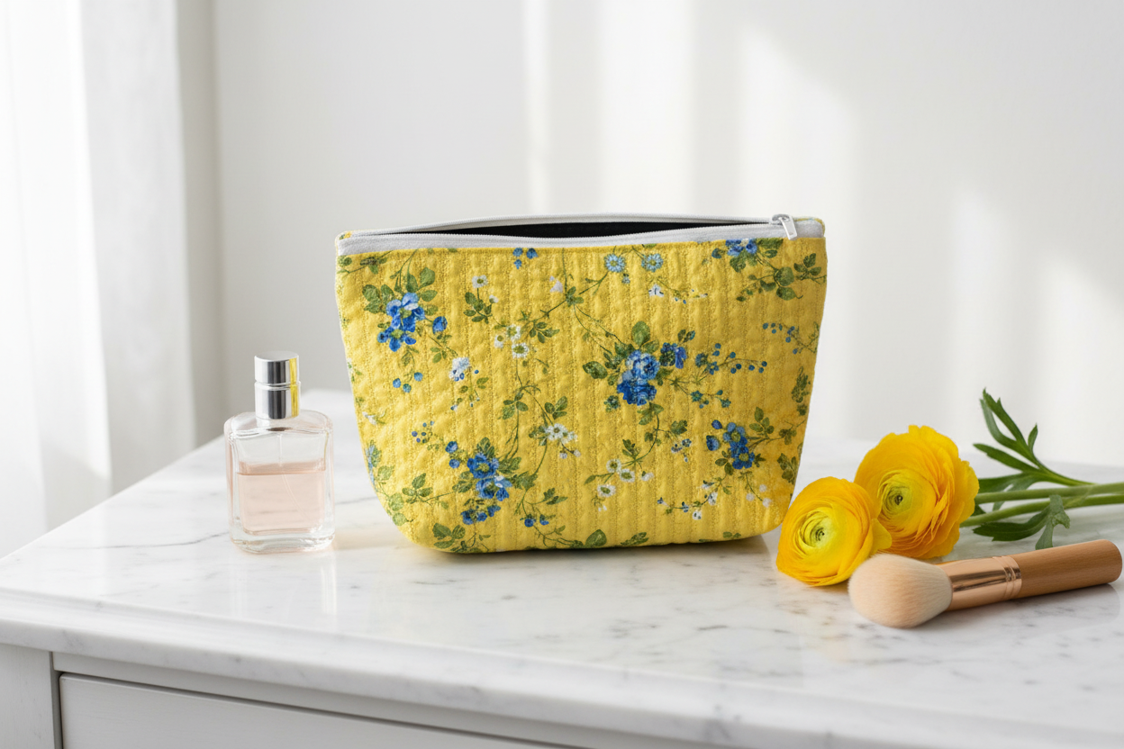 Yellow Floral Zippered Cosmetic Clutch